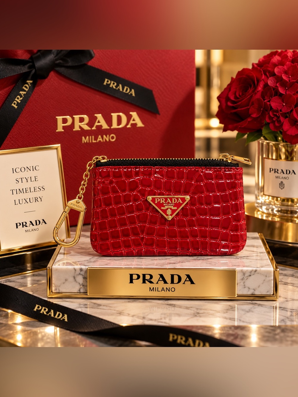 Red Croc-Embossed Leather Zip Coin Pouch with Chain